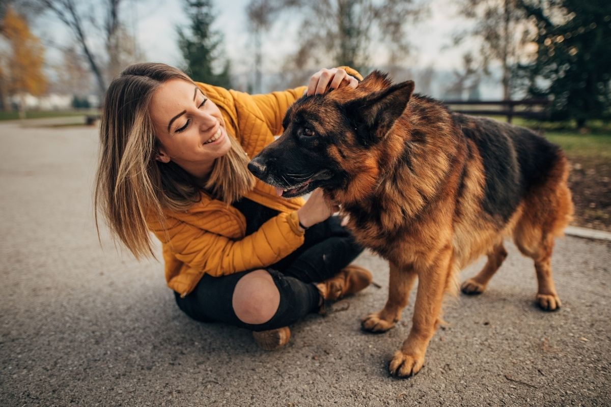 A woman wearing a yellow jacket with a brown dog