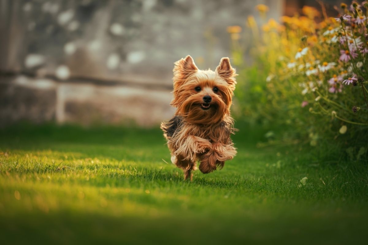 A small, joyful brown dog running through grass