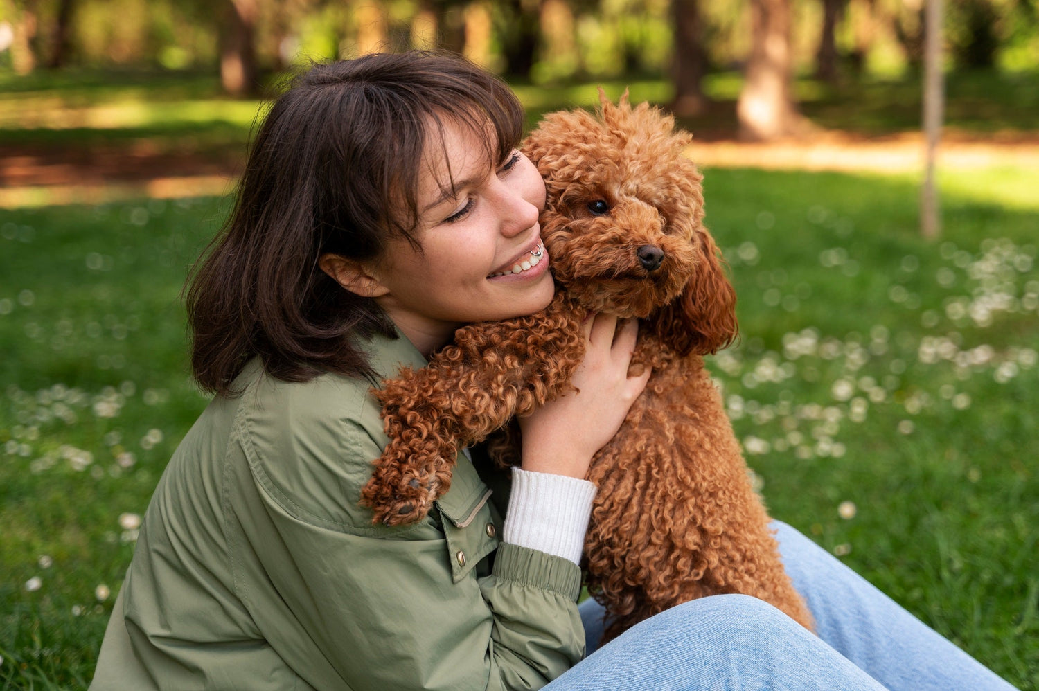Adorable dog at the park in nature with owner
