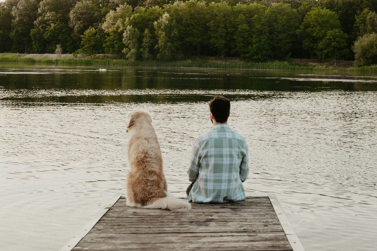 A dog and a man sitting on the edge looking at a lake