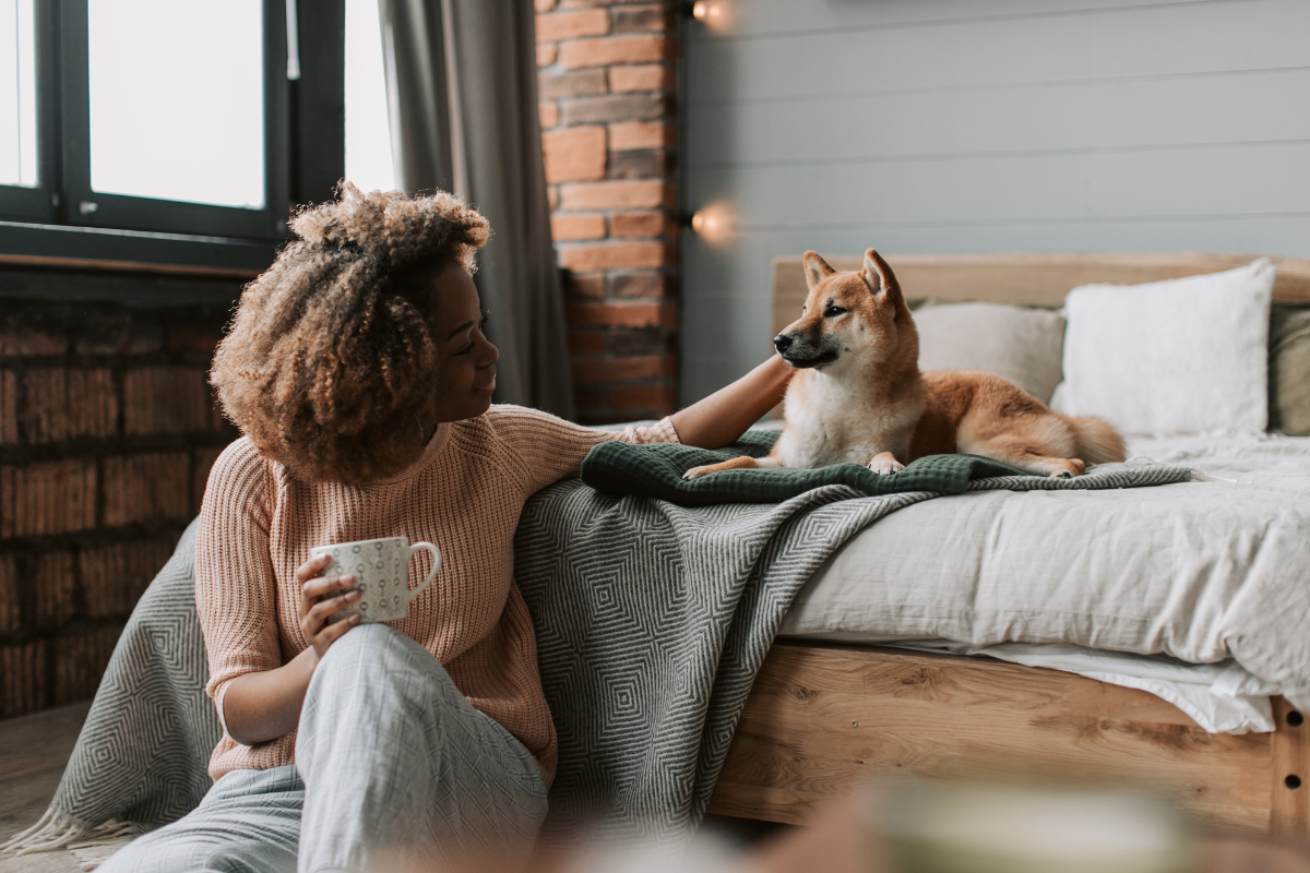 Person with a mug pets a Shiba Inu on a neatly made bed in a cozy bedroom.