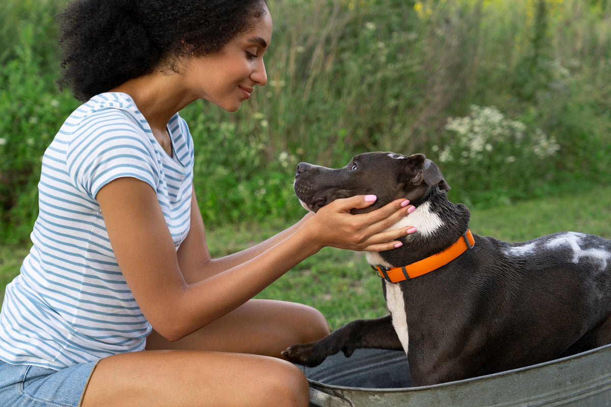 A woman showing love to her dog