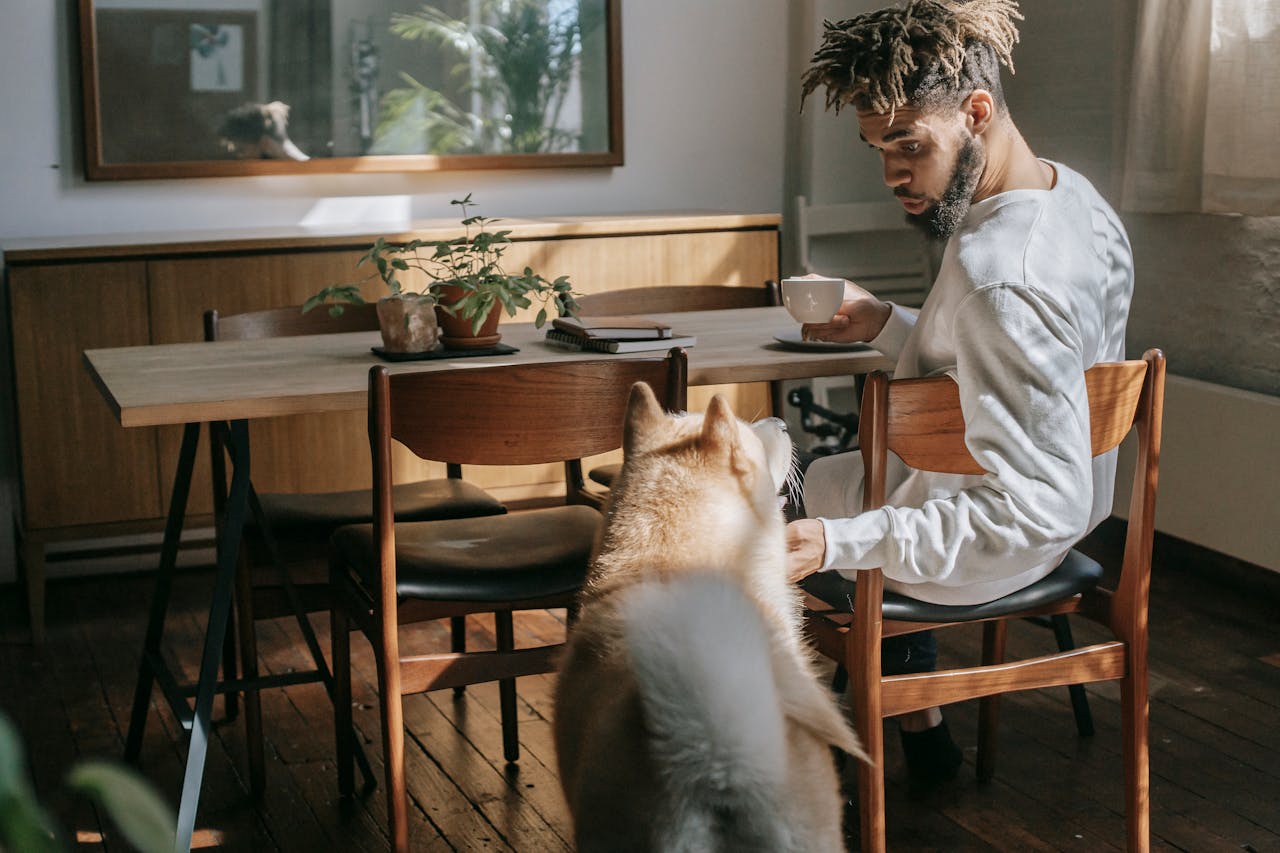 A husky dog greeting its owner in the morning